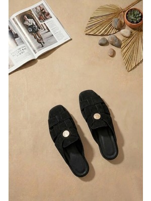 Ayakkabı Fuarı Elit ZYN4200 Kadın Hakiki Deri Düz Terlik Siyah