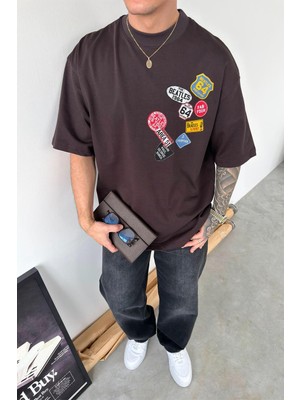 HAFKA Kahverengi Rock Memories Baskılı Premium Oversize Tişört