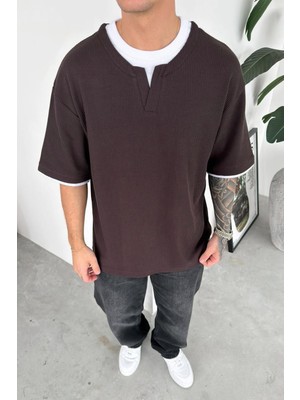 HAFKA Kahverengi Layered Rib Fitilli V Yaka Tişört