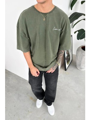 HAFKA Haki Nakış Detaylı Premium Oversize Tişört