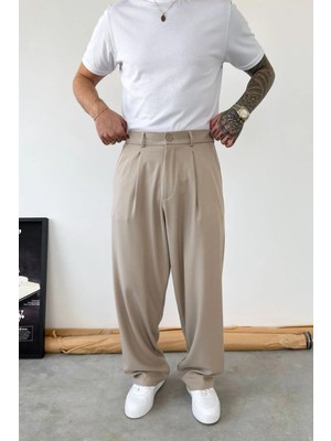 HAFKA Bej Pileli Baggy Kumaş Pantolon