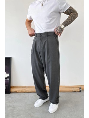 HAFKA Koyu Gri Pileli Baggy Kumaş Pantolon