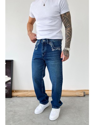 HAFKA Mavi Premium Nakış Detaylı Baggy Pantolon