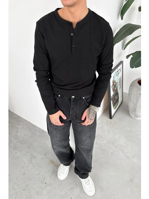 HAFKA Siyah Müslin Kumaş Düğmeli Yaka Relaxed Uzun Kollu Tişört