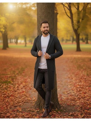 Elku Moda Erkek Füme Siyah Kapüşonlu Örgü Hırka - Dokulu Uzun Triko Hırka