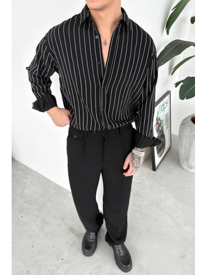 HAFKA Siyah Çizgili Relaxed Gömlek