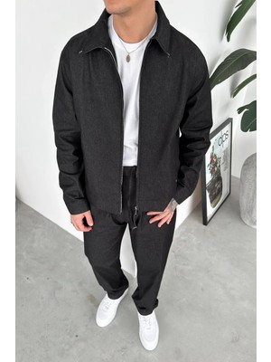 HAFKA Siyah Fermuarlı Dokulu Relaxed Fit Boxy Ceket