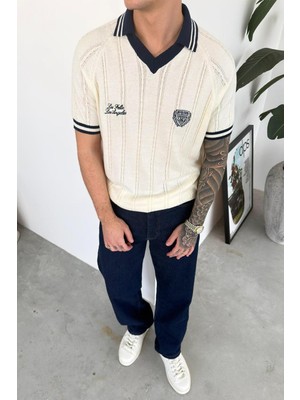 HAFKA Ekru Los Feliz Nakışlı Polo Yaka Tişört