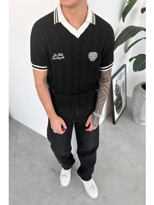 HAFKA Siyah Los Feliz Nakışlı Polo Yaka Tişört