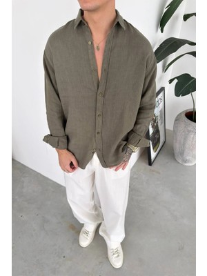 HAFKA Haki Basic Relaxed Ham Keten Gömlek