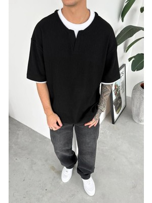 HAFKA Siyah Layered Rib Fitilli V Yaka Tişört