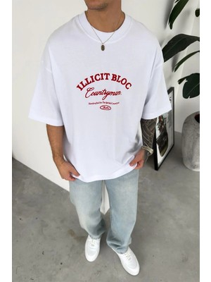 HAFKA Beyaz Countryman Baskılı Premium Oversize Tişört