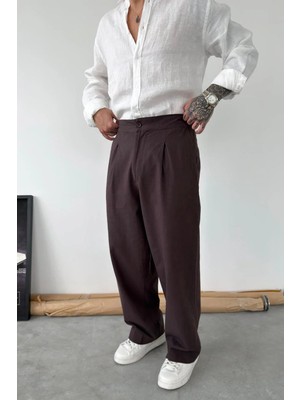 HAFKA Kahverengi Premium Baggy Keten Pantolon