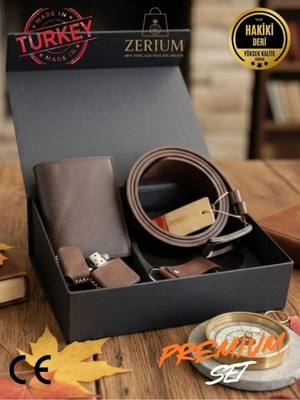 Zerium Hakiki Deri Erkek Hediye Seti - Cüzdan Kemer Çakmak Anahtarlık (Prestige Master)