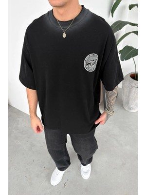 HAFKA Siyah Nakışlı Premium Oversize Tişört