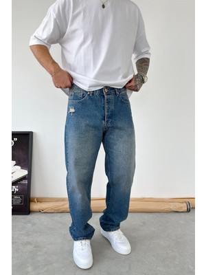 HAFKA Eskitme Mavi Soft Degrade Yırtıklı Baggy Pantolon