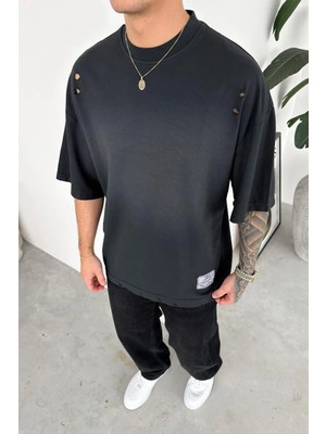 HAFKA Koyu Gri Batik Yıkamalı Oversize Tişört