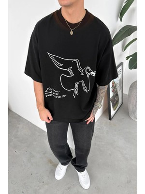 HAFKA Siyah Yıkamalı Baskılı Premium Oversize Tişört