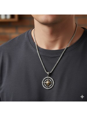 buğrahayalin 925 Ayar Gümüş Çift Taraflı Pusula Kolye Erkek Minimalist Uzun Zincirli Compass Kolye Şık Tasarım Erkek Takı