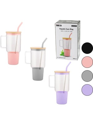 Elektronikçim Cam 1lt Matara Suluk Bambu Kapak Sızdırmaz Silikonlu Çelik Pipet Koruyucu Silikon Altlık ve Kıl