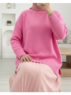 Moda Morfo Bisiklet Yaka Eteği Fitilli Salaş Triko Kazak  -Pembe