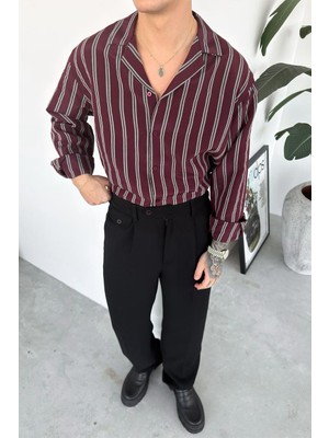HAFKA Bordo Çizgili Premium Relaxed Gömlek