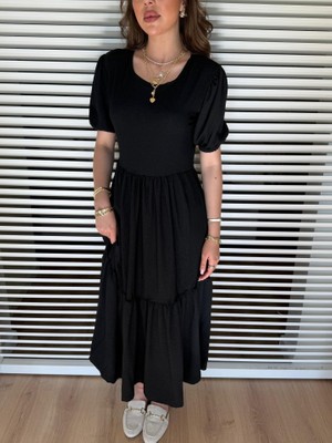 Infivento Kadın Kısa Kollu Yakası Açık Katlı Bürümcük Balon Elbise