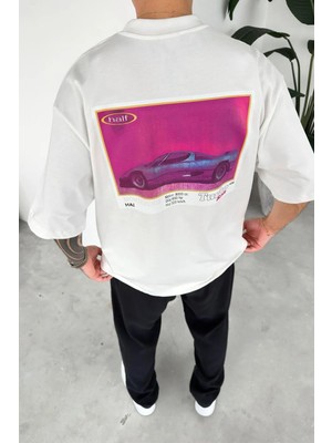 HAFKA Beyaz Sport Car Sırt Baskılı Premium Oversize Tişört