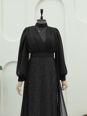 Modamorfo Boncuk ve Pul Detaylı Kemerli Şifon Abiye -Siyah