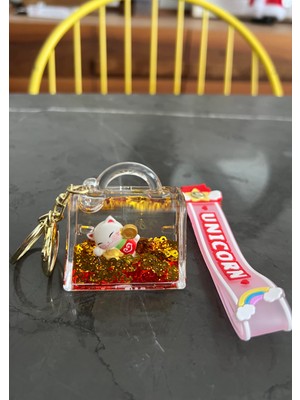 Miamantra Feng Shui Şans ve Bereket Kedisi Figürlü Sulu Anahtarlık / Çanta Süsü Patili Kedi Model 3(Maneki Neko)