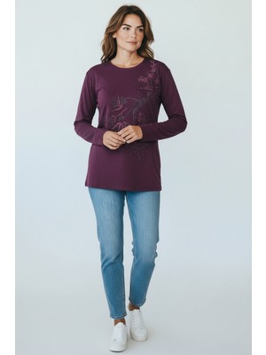 Ece Giyim Kadın Önü Işlemeli ve Taş Detaylı Likralı Penye Bluz