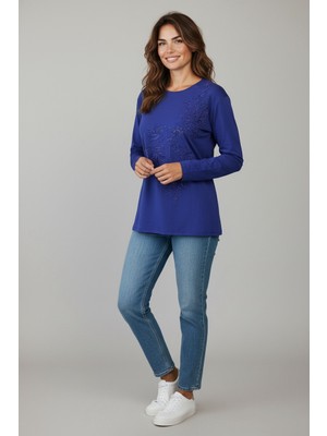 Ece Giyim Kadın Önü Işlemeli ve Taş Detaylı Likralı Penye Bluz