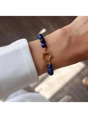Taşmir Doğal Lapis Lazuli Taşı Çelik Gemici Kilitli Doğal Taş Bileklik