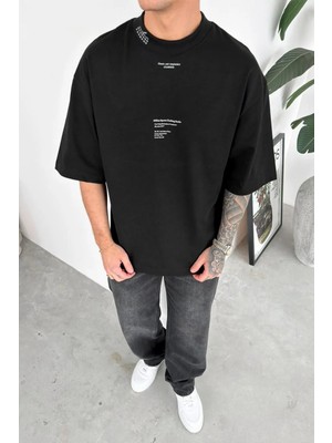 HAFKA Siyah Yaka Baskı Detay Premium Oversize Tişört