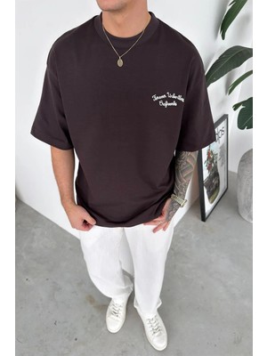 HAFKA Kahverengi Forever Nakışlı Premium Oversize Tişört