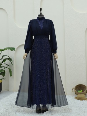 Modamorfo Boncuk ve Pul Detaylı Kemerli Şifon Abiye -Laci