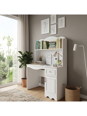 Seven Madame Aris - Kitaplıklı ve Çekmeceli Beyaz Çalışma Masası (%100 Mdf)