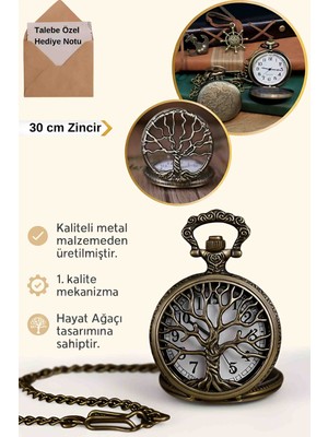 Wolawood Sınırlı Sayıda Üretilen Yaşam Ağacı Temalı Köstekli Cep Saati Nostaljik Hediye Özel Zincirli Bronz Metal Tasarım Köstekli Saat