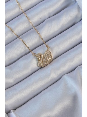 Pileli Store 316L Çelik Zincir Altın Renk Zirkon Taşlı Kuğu Kolye