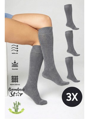 Bamboo Star Bambu Kadın Dizaltı Gri Uzun Dikişsiz Çorap 3'lü / Pantolon Çorabı / Teni Göstermeyen Çorap