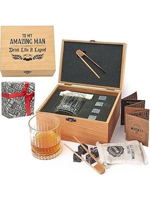Indispensablely Arkadaşa Hediye Ahşap Kutulu Tekli Glasgow Viski Kadeh Seti + 4 Soğutucu Taş Seti