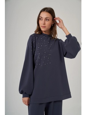 Nuss 1076 Taş Işlemeli Bisiklet Yaka Pantolonlu Takım - Lacivert