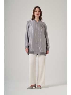 Nuss 6038 Taş Detaylı Fermuarlı Kap – Gri