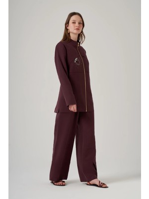 Nuss 1054 Taş Detay Fermuarlı Pantolonlu Takım - Mürdüm