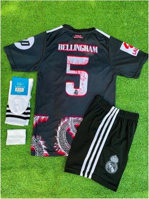 R.madridd 2024/24 Sezonu Jude Bellingham Dragon Desenli Konsept Çocuk Forması 4'lü Set (Black-Red)