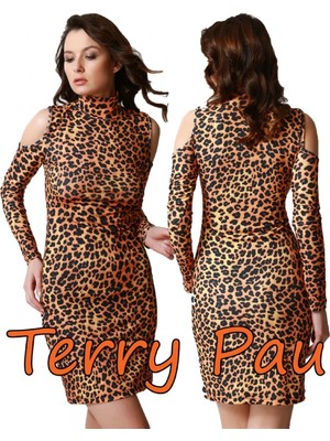 TeknoKapsül TP101193 Leopar Desenli Omuz Açık Elbise
