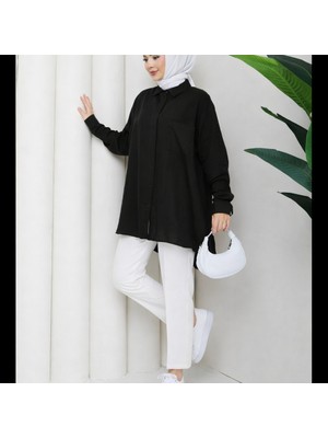 Moda Neva Kadın Cep Detaylı Muslin Kumaş Oversize Gömlek