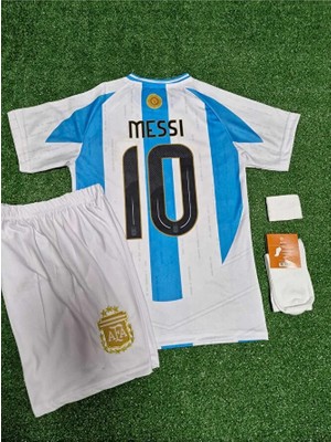 Arjantin 2024/25 Yeni Sezon Lionel Messi Çocuk Forması Şort Çorap Bileklik 4'lü Set