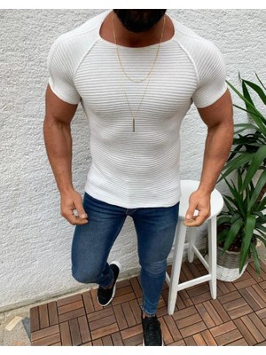 Elku Moda Slim Fit Örme Triko Tişört Nefes Alabilen Terletmez T-Shirt Dar Kesim Beyaz