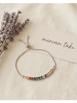 Mervan Takı Gökkuşağı Taşlı Gümüş Renk Kadın Bijuteri Bileklik